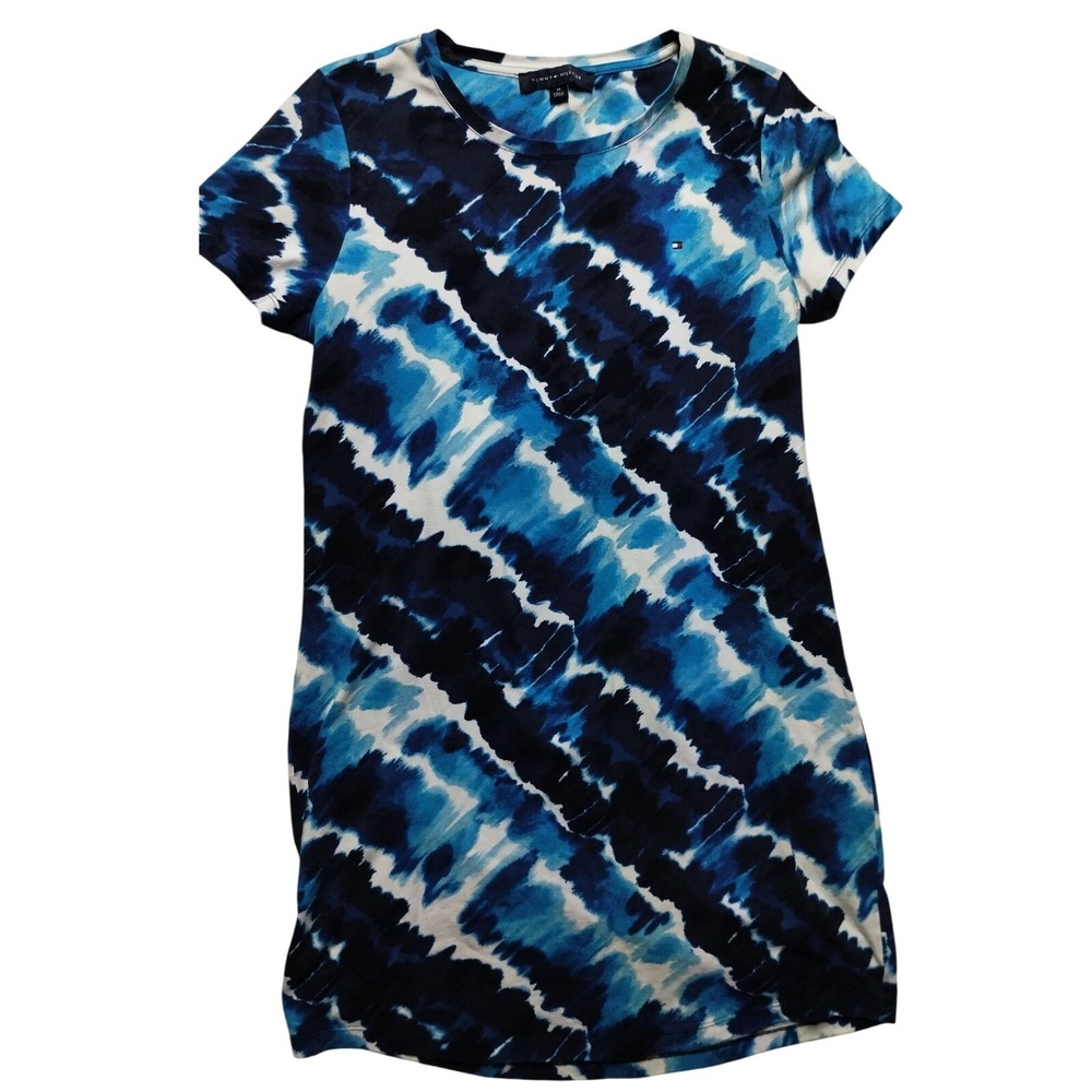 Tommy Hilfiger Womens Blue White Tie Dye T-Shirt Mini Dress Size M Short Sleeve‎